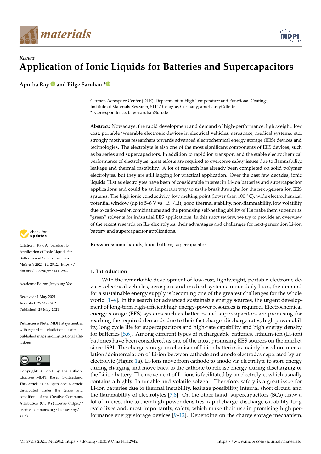 Application of Ionic Liquids for Batteries and Supercapacitors