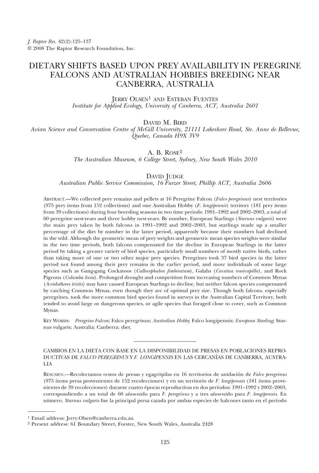 Dietary Shifts Based Upon Prey Availability in Peregrine Falcons and Australian Hobbies Breeding Near Canberra, Australia