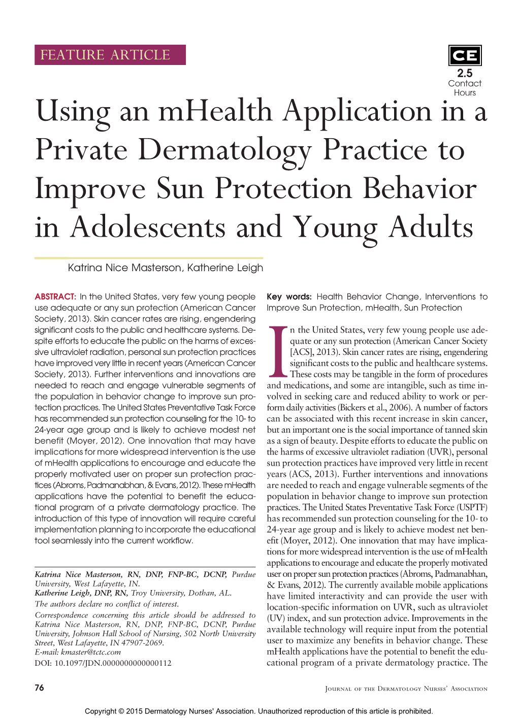 Using an Mhealth Application in a Private Dermatology Practice to Improve Sun Protection Behavior in Adolescents and Young Adults