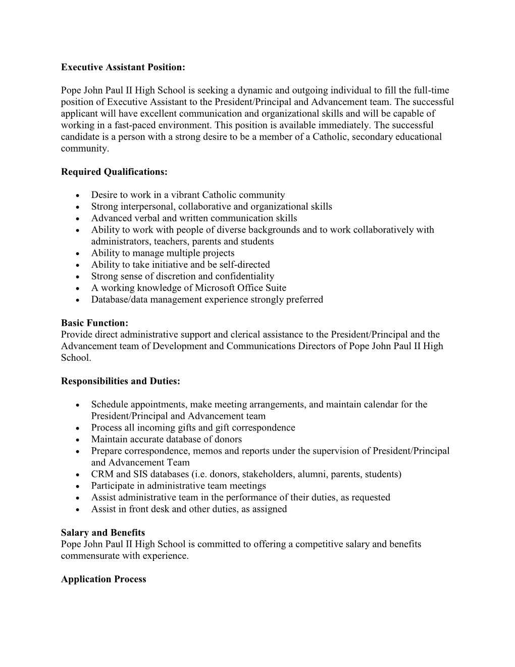 Executive Assistant Position: Pope John Paul II High School Is Seeking