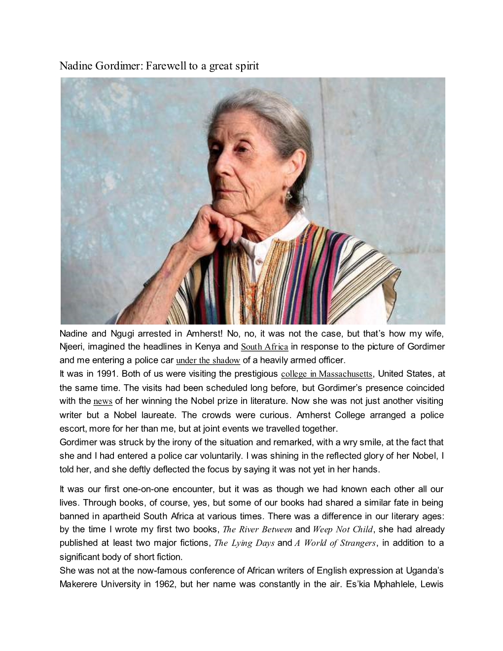 Nadine Gordimer: Farewell to a Great Spirit