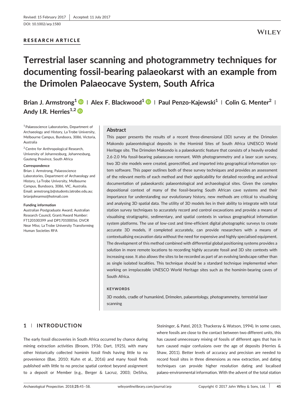 Terrestrial Laser Scanning and Photogrammetry Techniques for Documenting Fossil‐Bearing Palaeokarst with an Example from the Drimolen Palaeocave System, South Africa