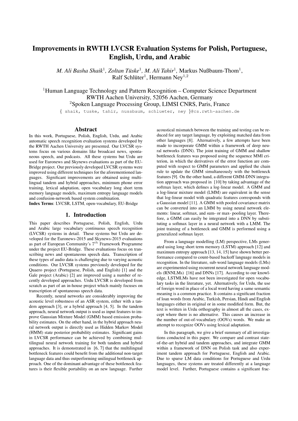 Improvements in RWTH LVCSR Evaluation Systems for Polish, Portuguese, English, Urdu, and Arabic