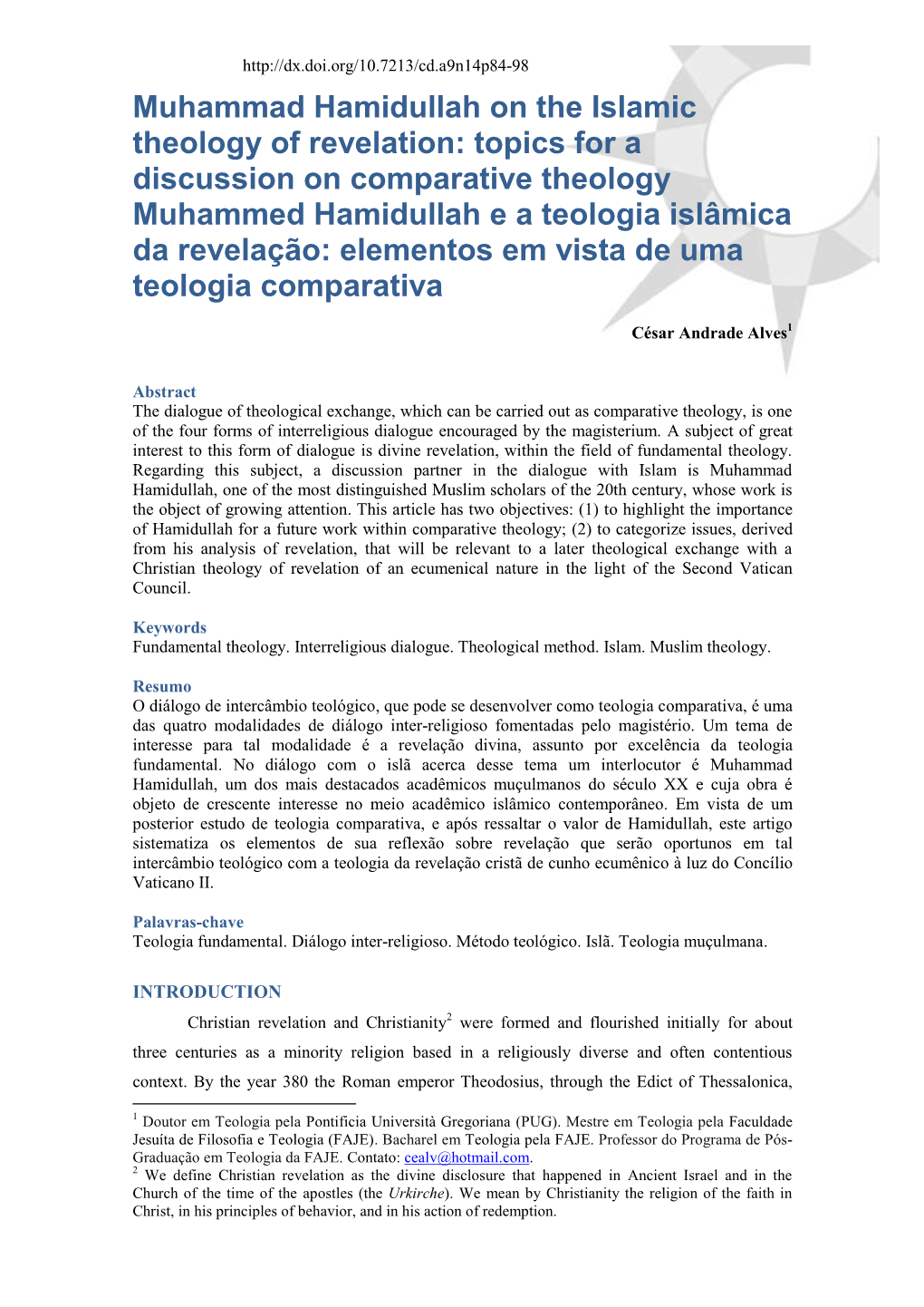 Muhammad Hamidullah on the Islamic Theology of Revelation: Topics for A