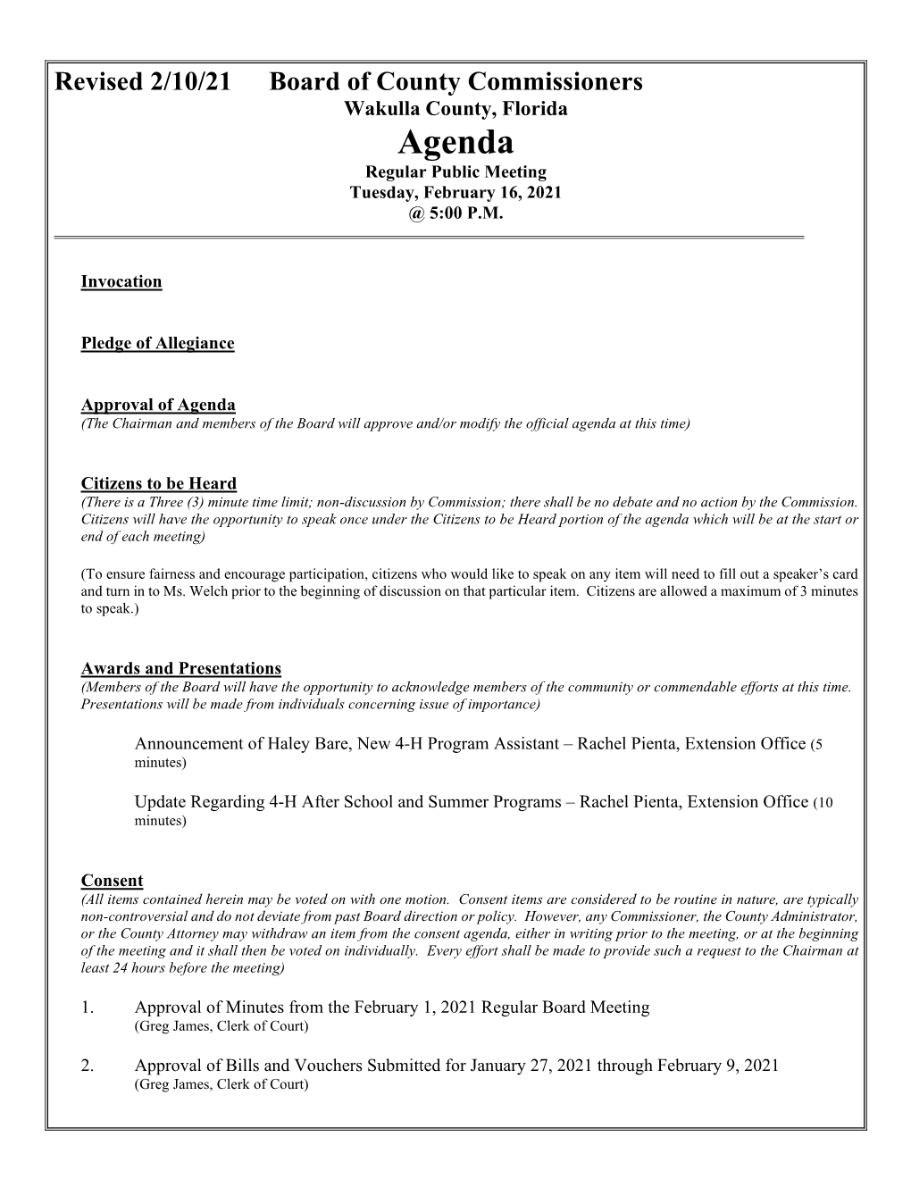 BOCC Board Agenda February 16, 2021