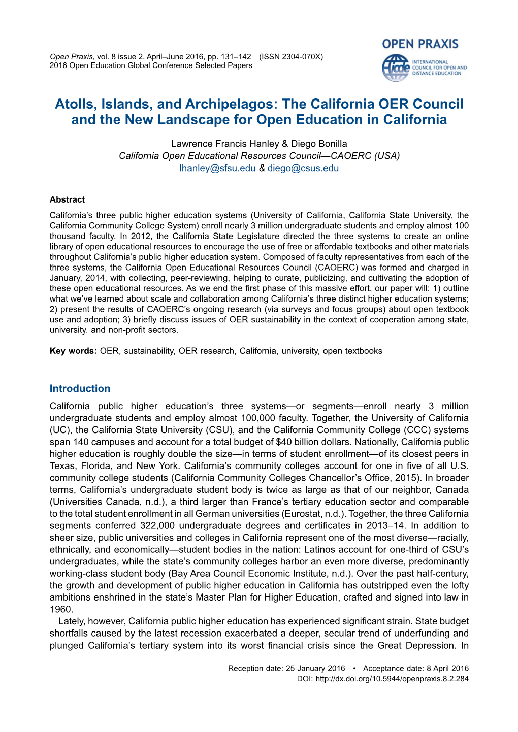 Atolls, Islands, and Archipelagos: the California OER Council and the New Landscape for Open Education in California