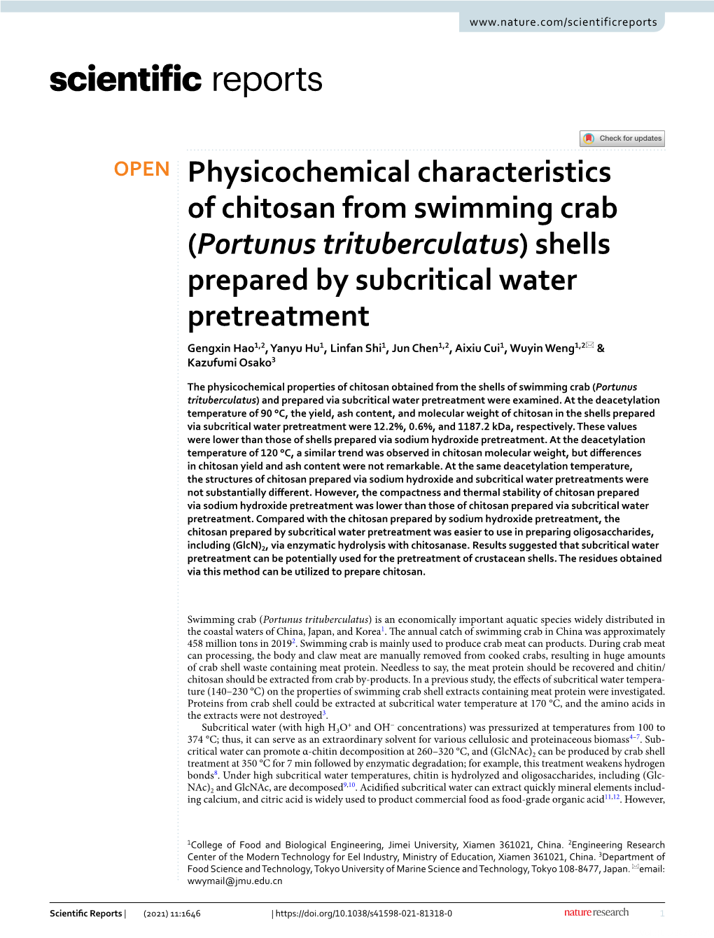 Physicochemical Characteristics of Chitosan from Swimming Crab (Portunus Trituberculatus) Shells Prepared by Subcritical Water P