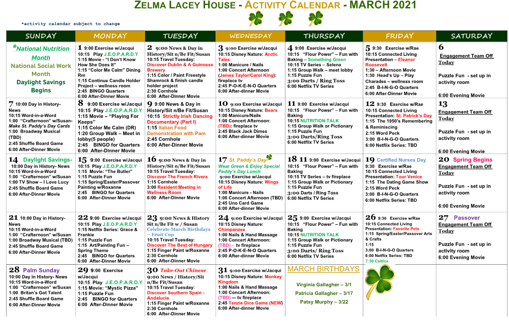 Zelma Lacey House - Activity Calendar - March 2021