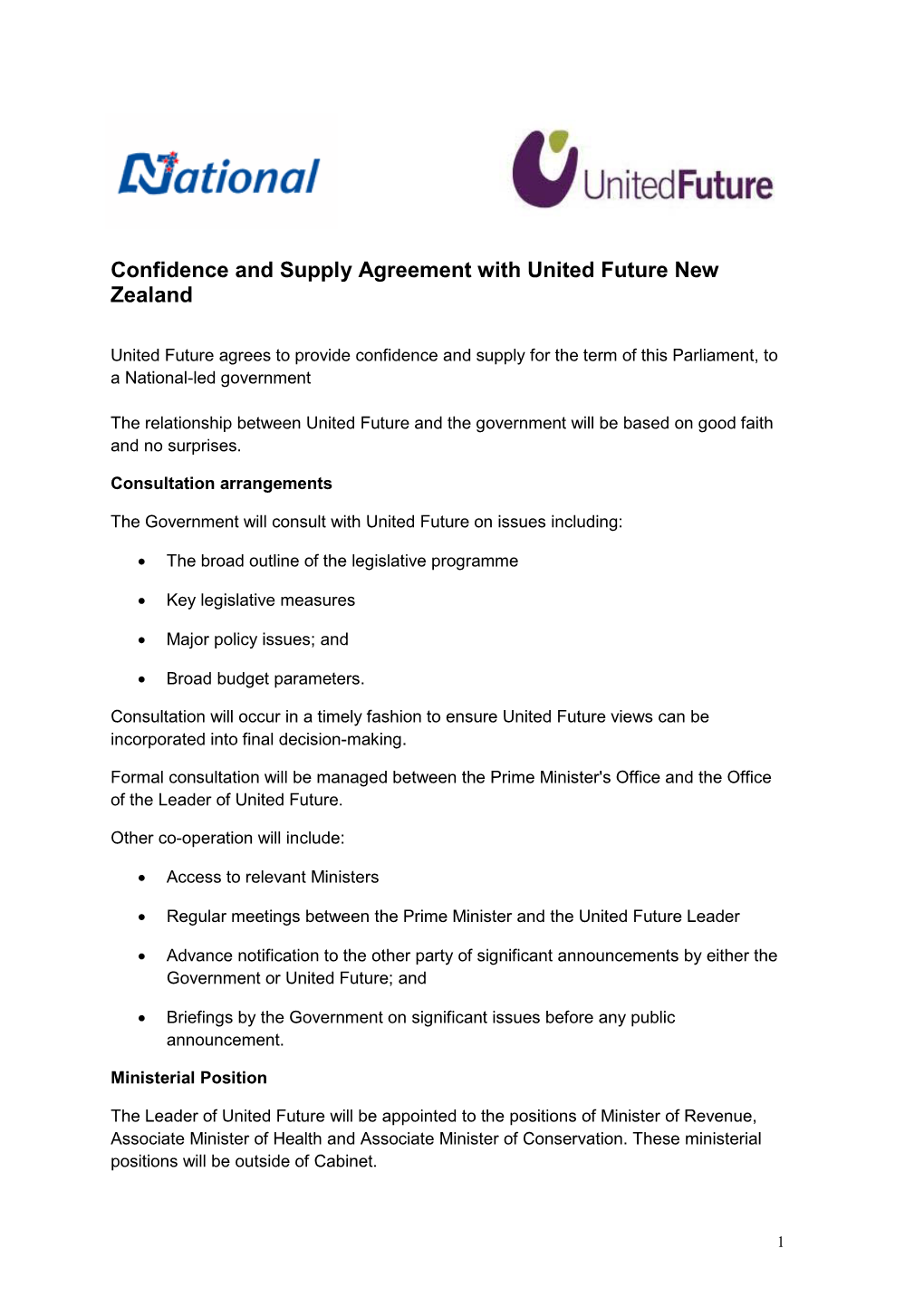 Confidence and Supply Agreement with United Future New Zealand