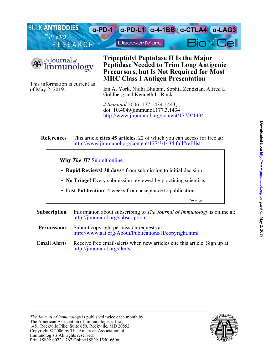 MHC Class I Antigen Presentation Precursors, but Is Not Required for Most Peptidase Needed to Trim Long Antigenic Tripeptidyl Pe