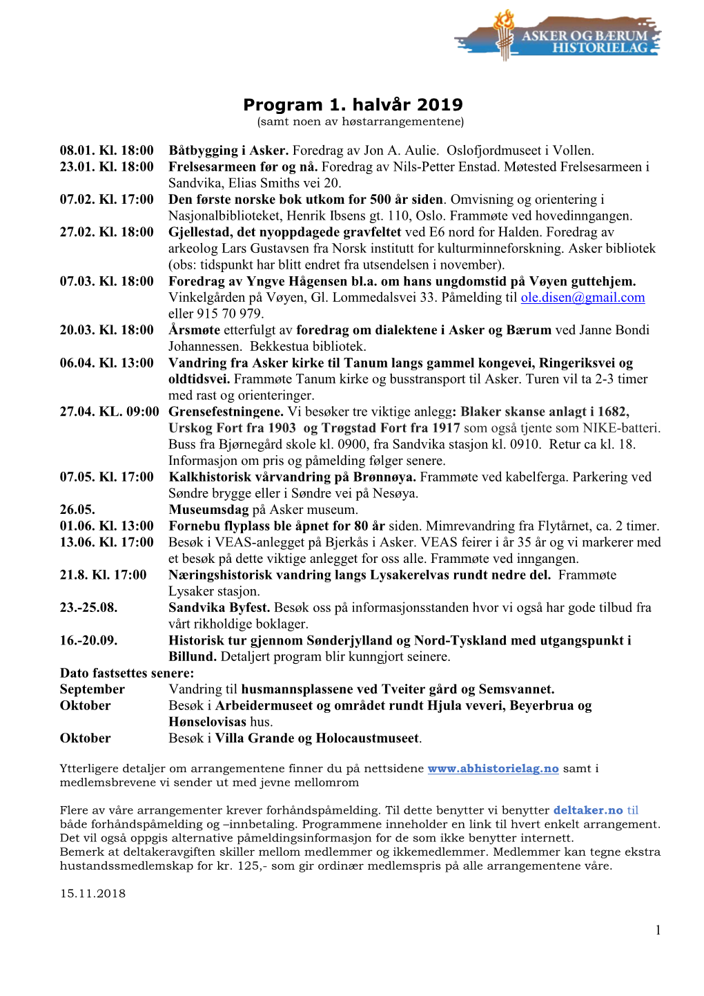 Program 1. Halvår 2019 (Samt Noen Av Høstarrangementene)