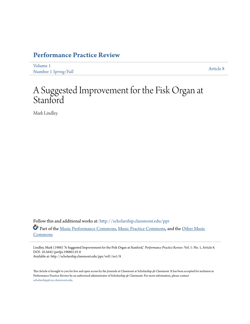 A Suggested Improvement for the Fisk Organ at Stanford Mark Lindley