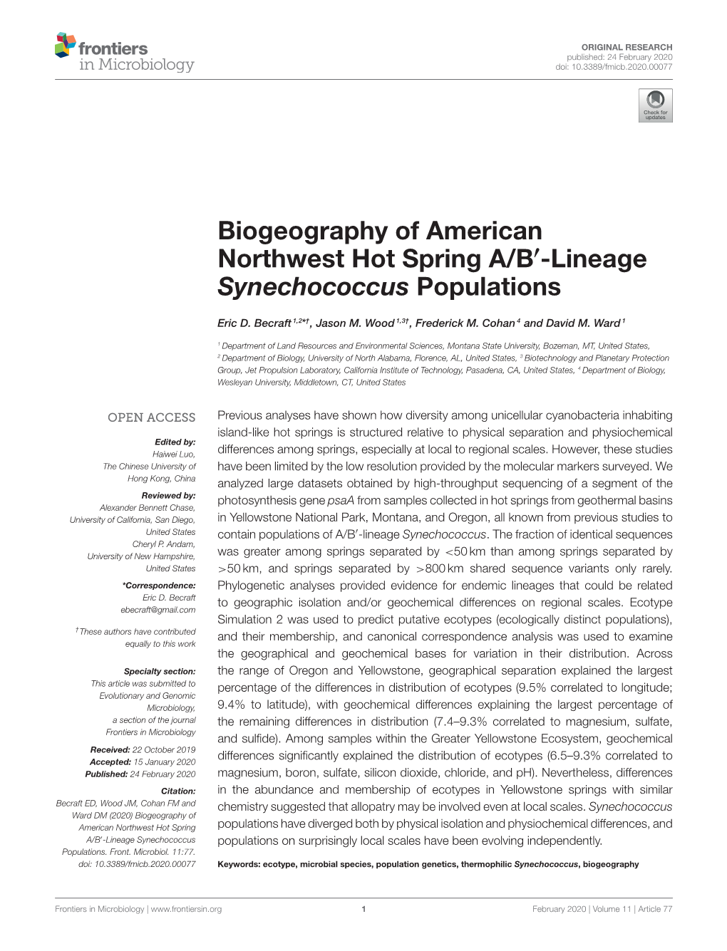 Biogeography of American Northwest Hot Spring A/B′-Lineage Synechococcus Populations