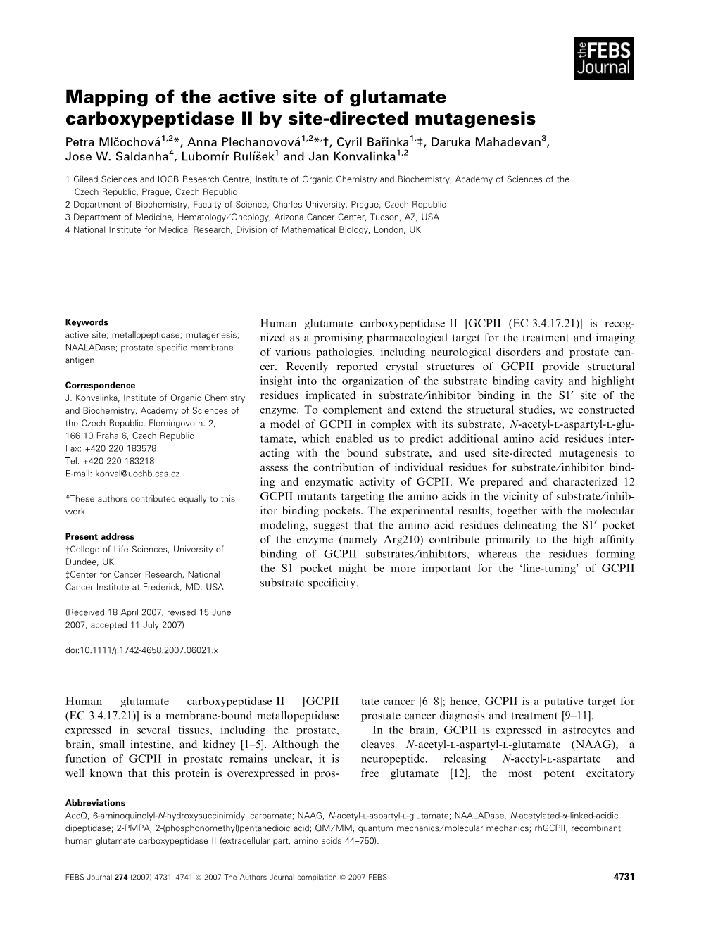 Mapping of the Active Site of Glutamate Carboxypeptidase II by Site