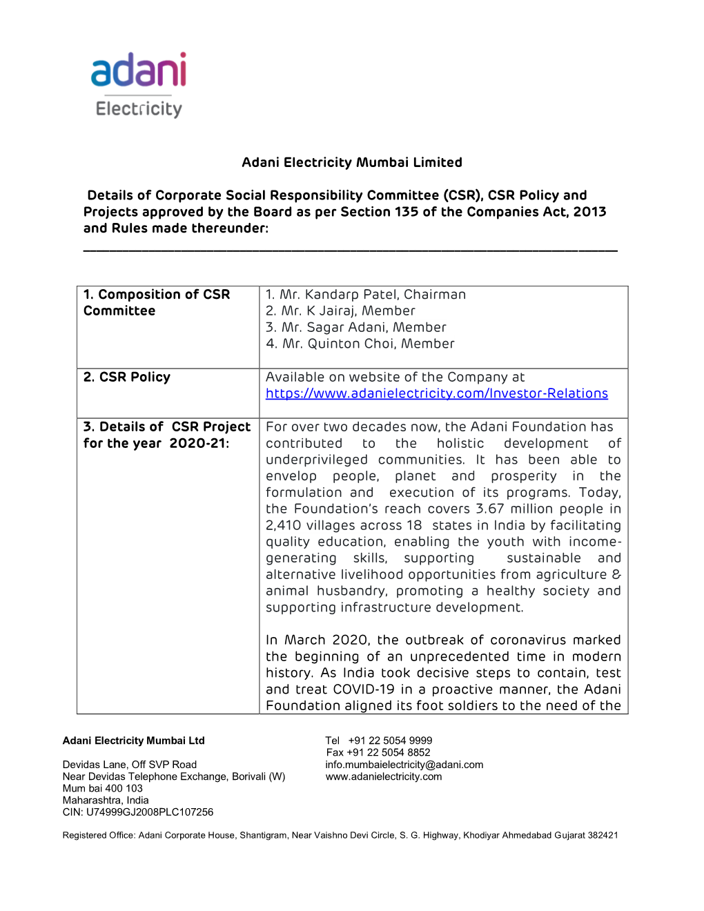 Adani Electricity Mumbai Limited Details of Corporate Social Responsibility Committee (CSR), CSR Policy and Projects Approved By