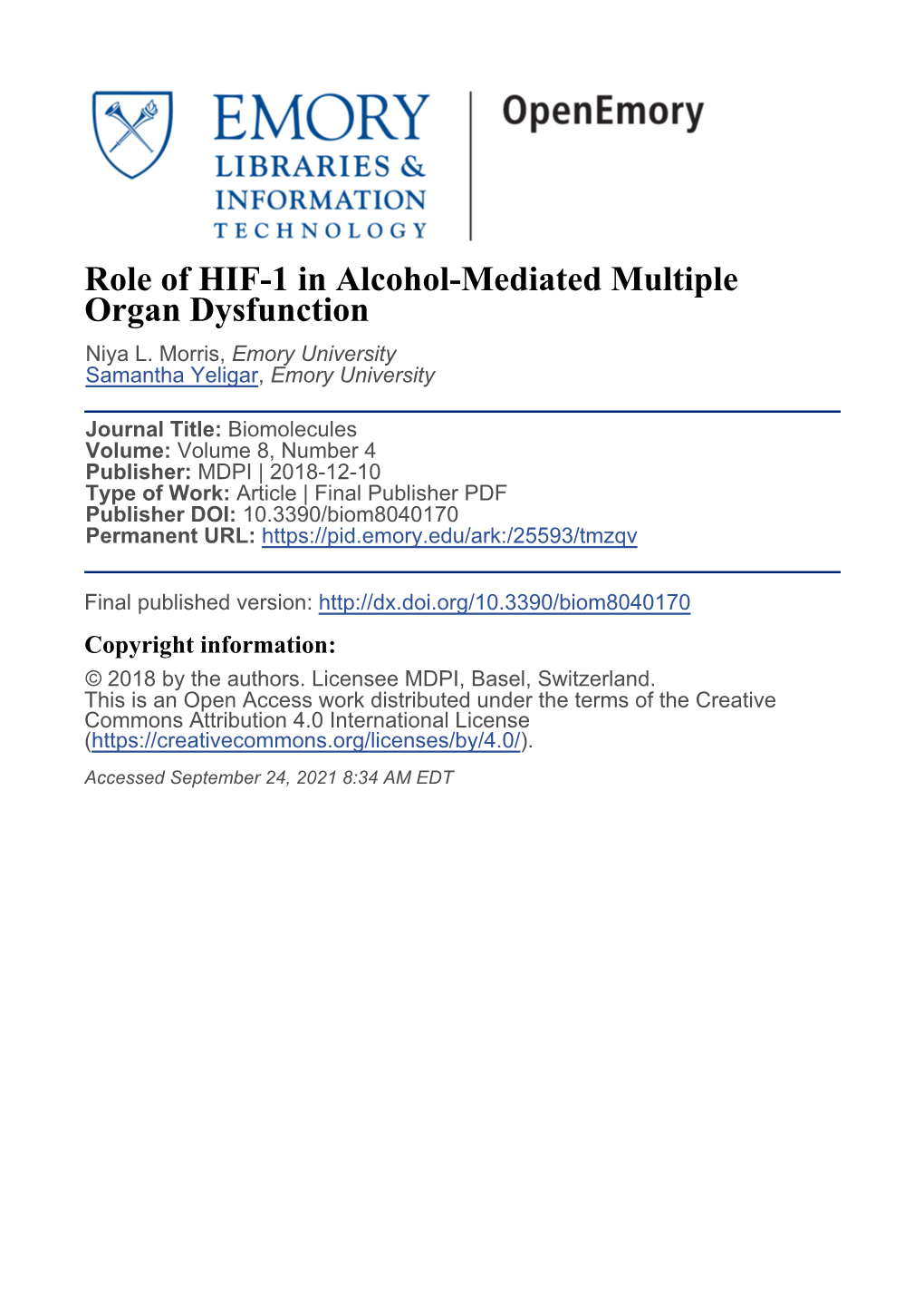 Role of HIF-1 in Alcohol-Mediated Multiple Organ Dysfunction Niya L