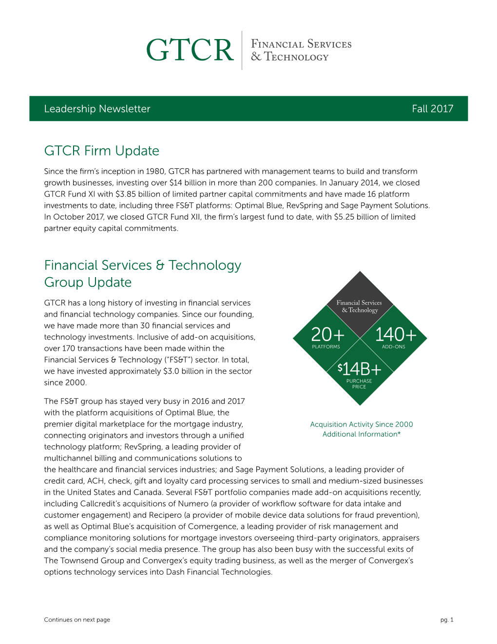 GTCR Firm Update Financial Services & Technology Group Update