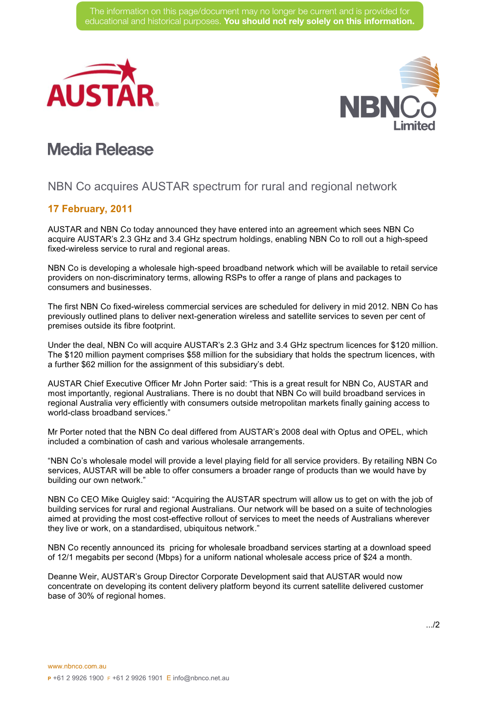 NBN Co Acquires AUSTAR Spectrum for Rural and Regional Network