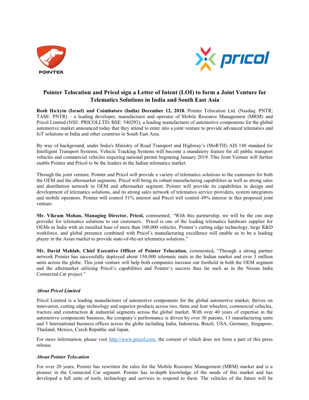 Pointer Telocation and Pricol Sign a Letter of Intent (LOI) to Form a Joint Venture for Telematics Solutions in India and South East Asia