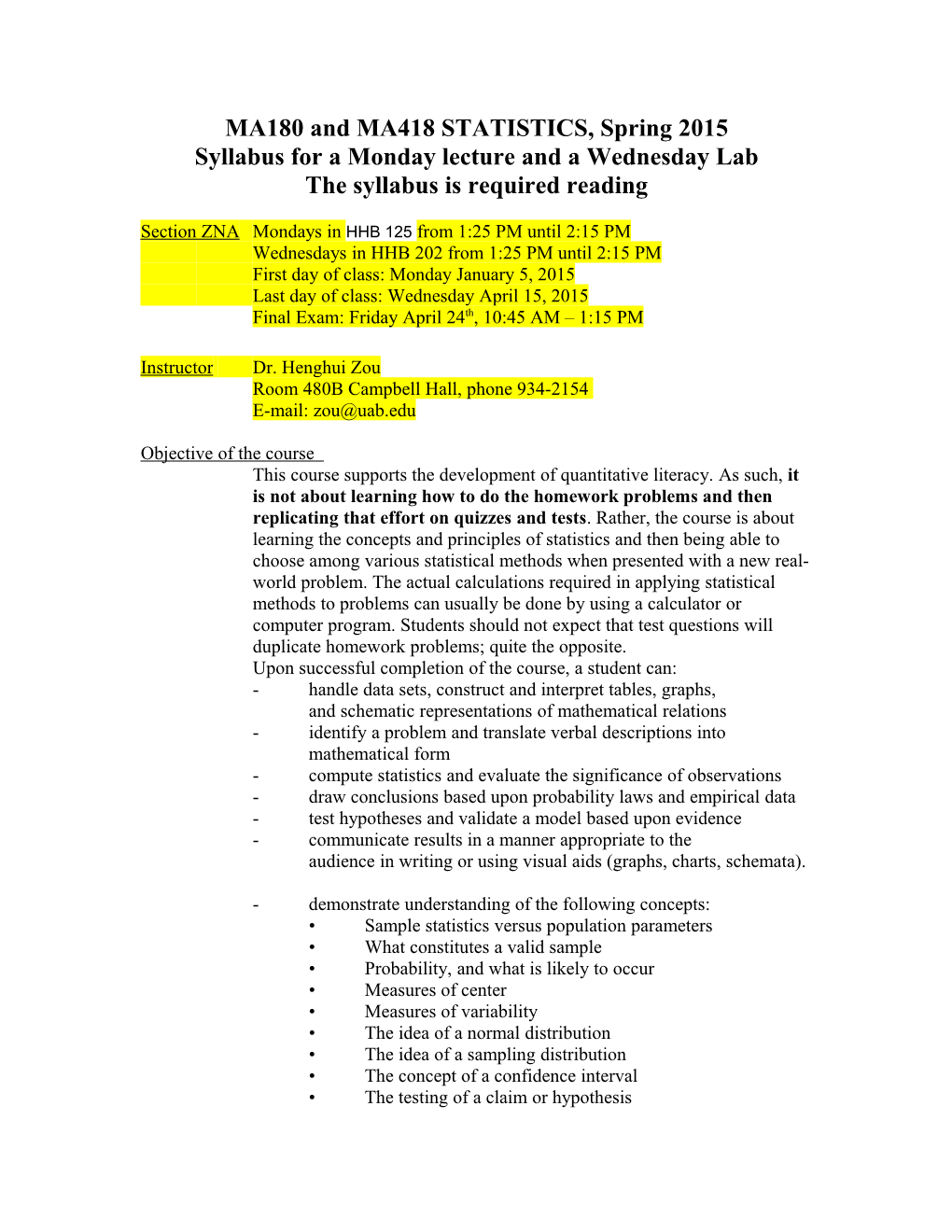 MA180 and MA418 STATISTICS, Spring 2015