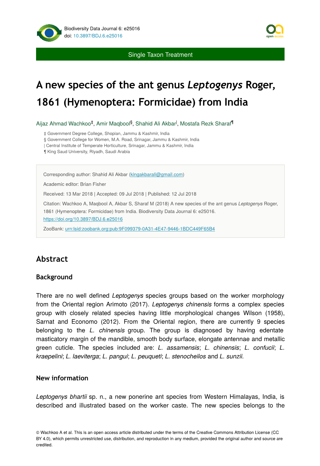 A New Species of the Ant Genus Leptogenys Roger, 1861 (Hymenoptera: Formicidae) from India