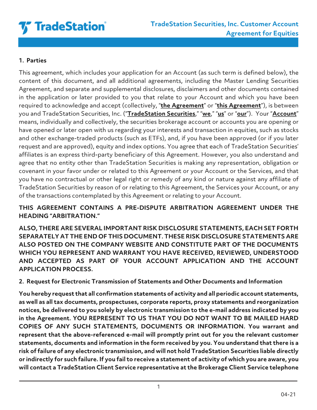 Tradestation Securities, Inc. Customer Account Agreement for Equities