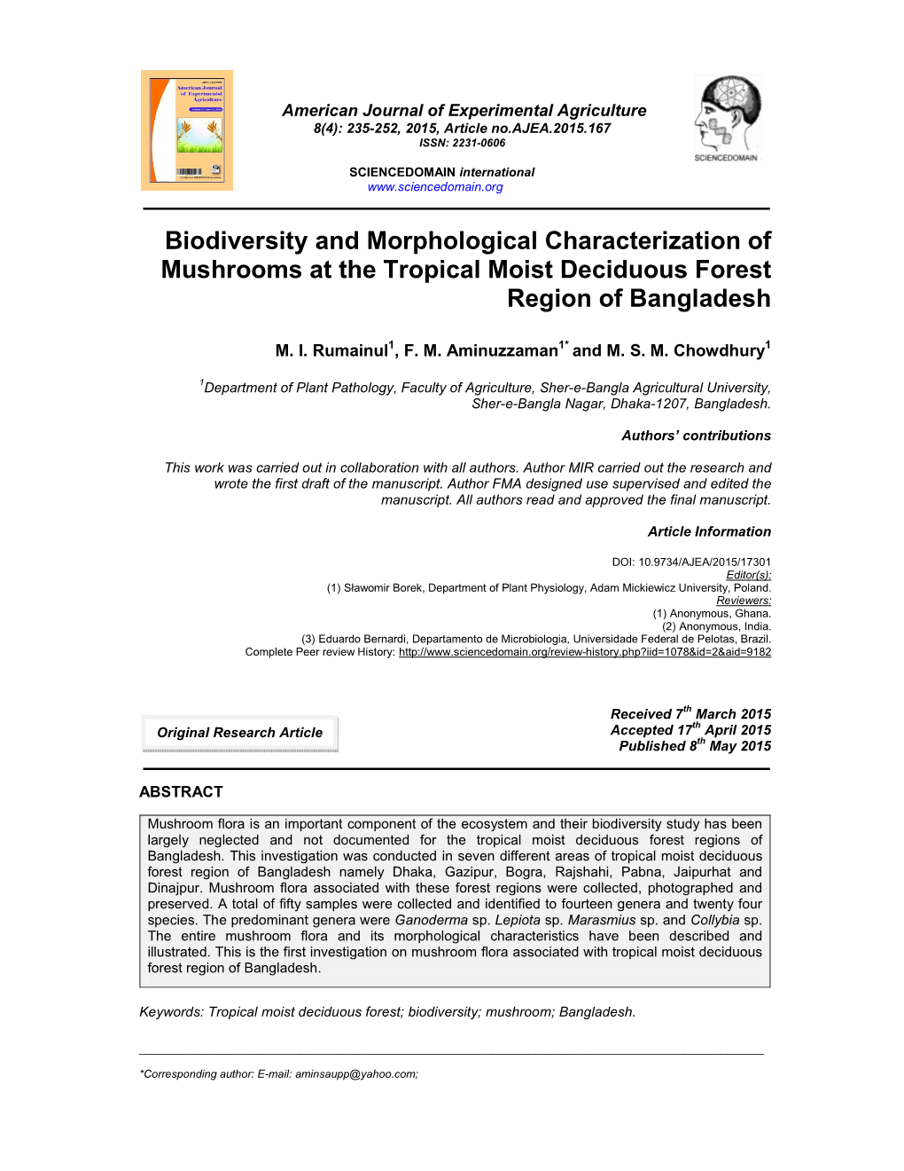 Biodiversity and Morphological Characterization of Mushrooms at the Tropical Moist Deciduous Forest Region of Bangladesh