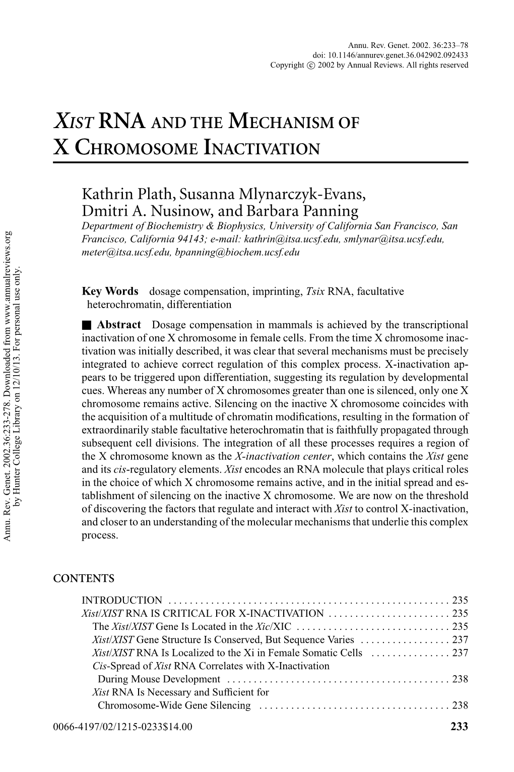 XIST RNA and the Mechanism of X Chromosome Inactivation, Kathrin Plath, Susanna Mlynarczyk-Evans, Dmitri A