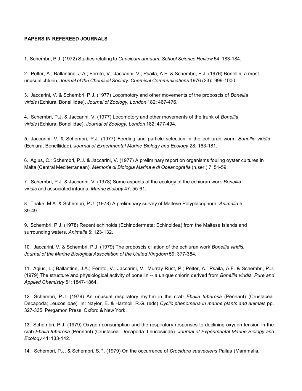 PAPERS in REFEREED JOURNALS 1. Schembri, P.J. (1972) Studies Relating to Capsicum Annuum. School Science Review 54: 183-184. 2