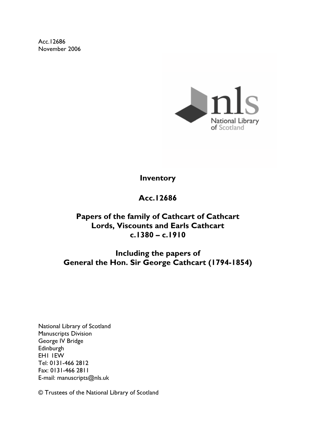Inventory Acc.12686 Papers of the Family of Cathcart of Cathcart Lords