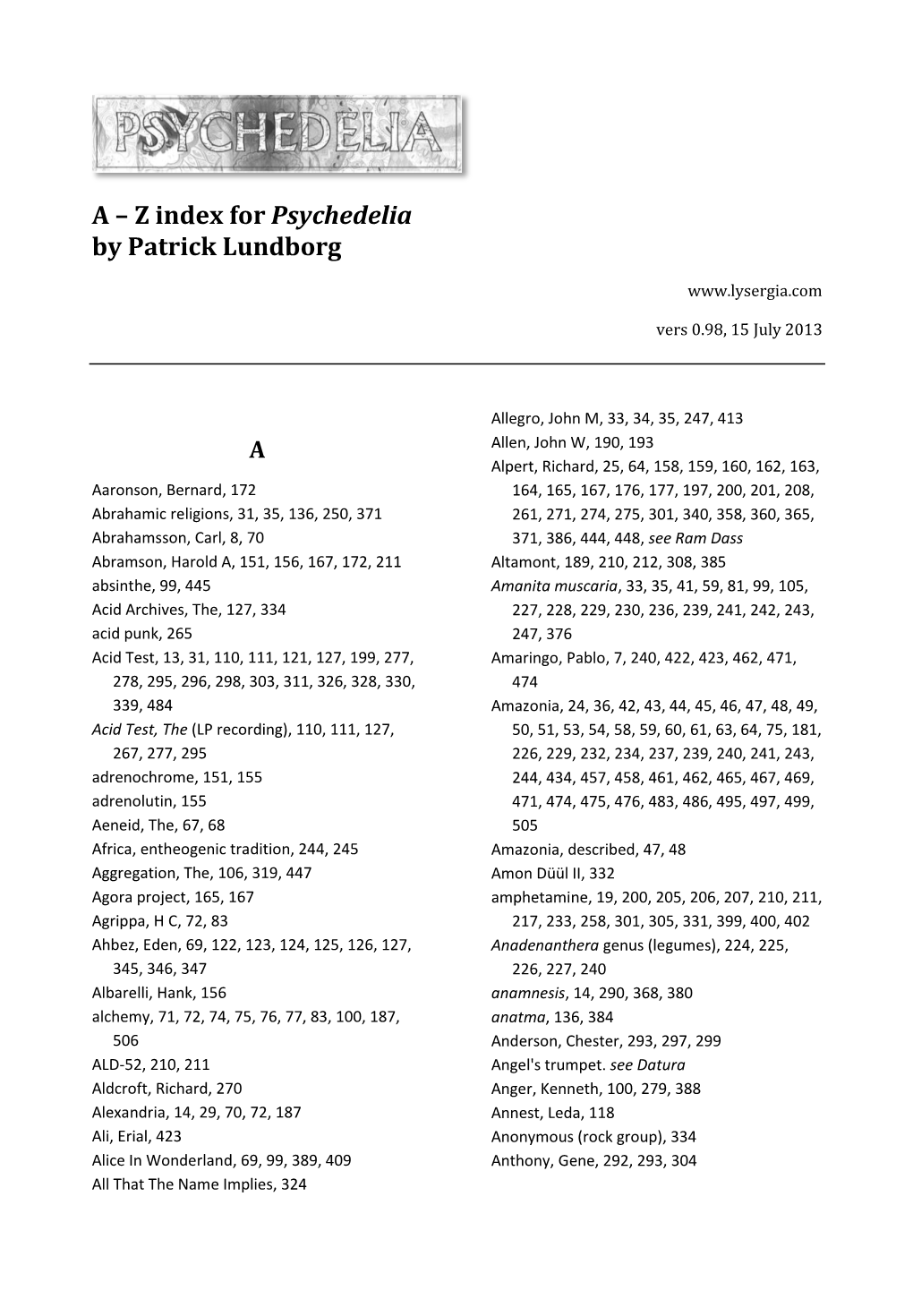 A – Z Index for Psychedelia by Patrick Lundborg