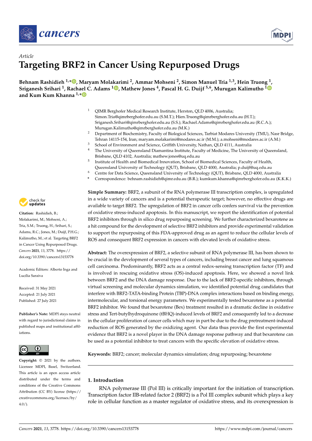 Targeting BRF2 in Cancer Using Repurposed Drugs