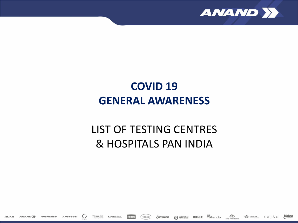 Covid 19 General Awareness List of Testing Centres & Hospitals Pan India
