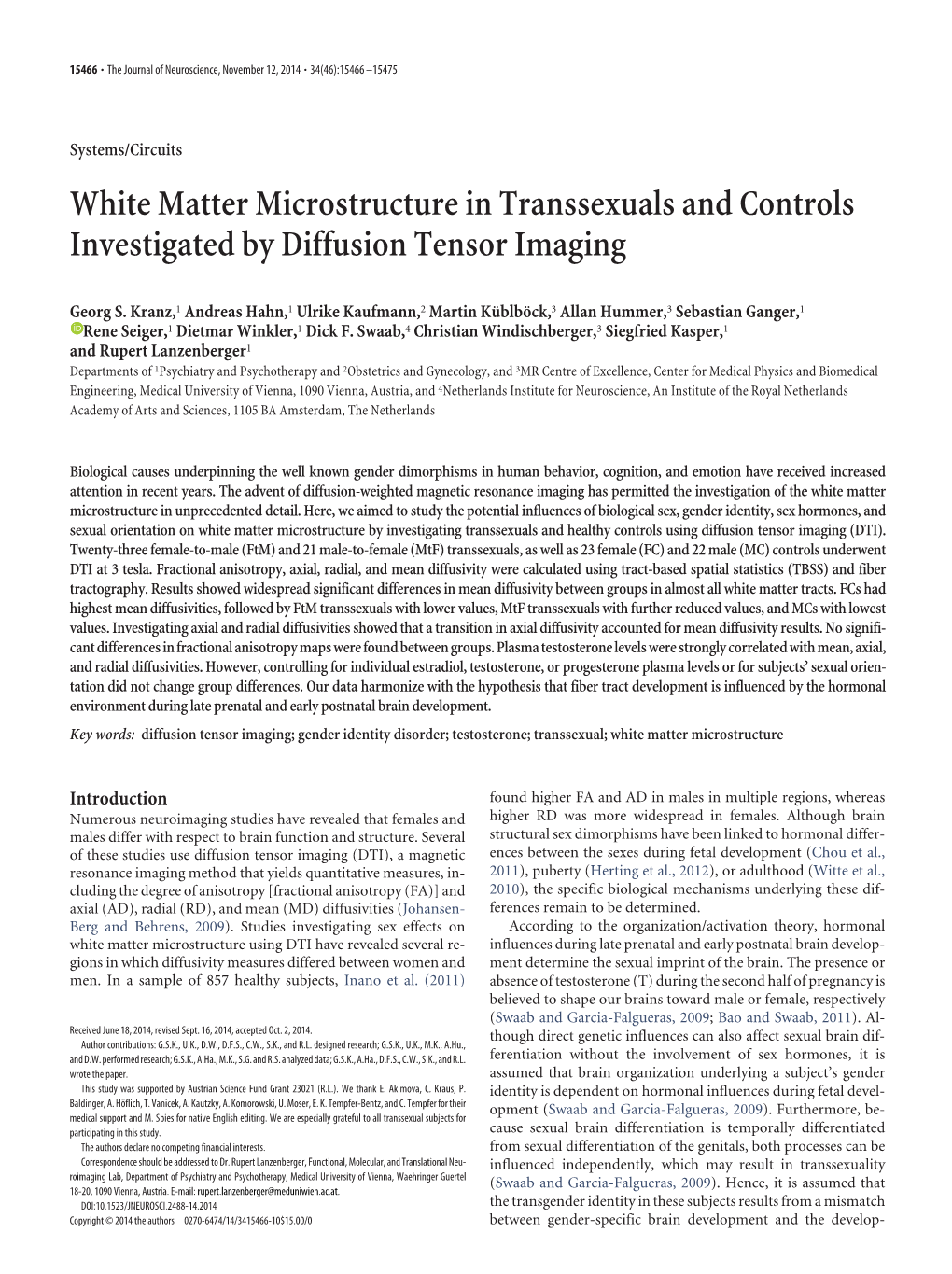 White Matter Microstructure in Transsexuals and Controls Investigated by Diffusion Tensor Imaging