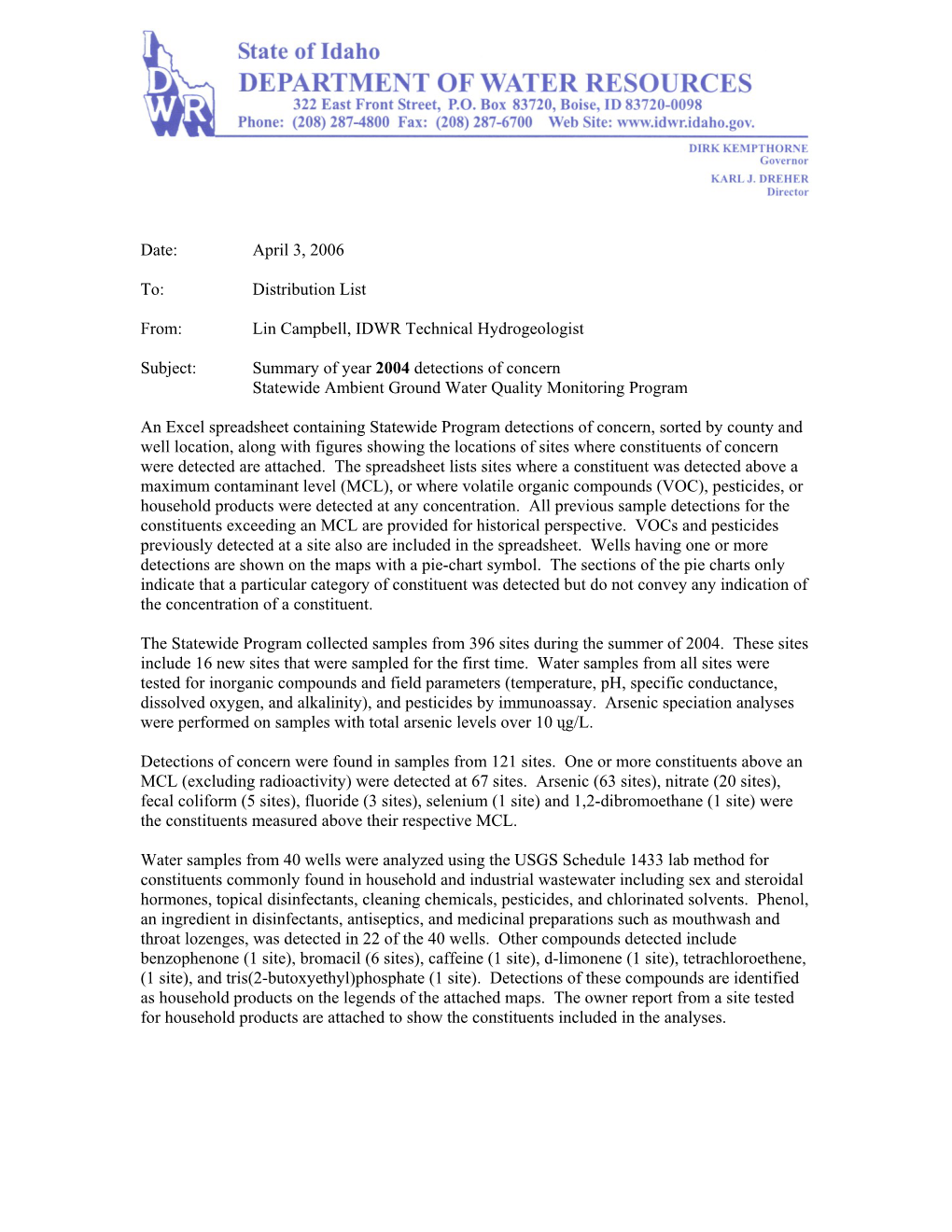 Summary of Year 2004 Detections of Concern Statewide Ambient Ground Water Quality Monitoring Program