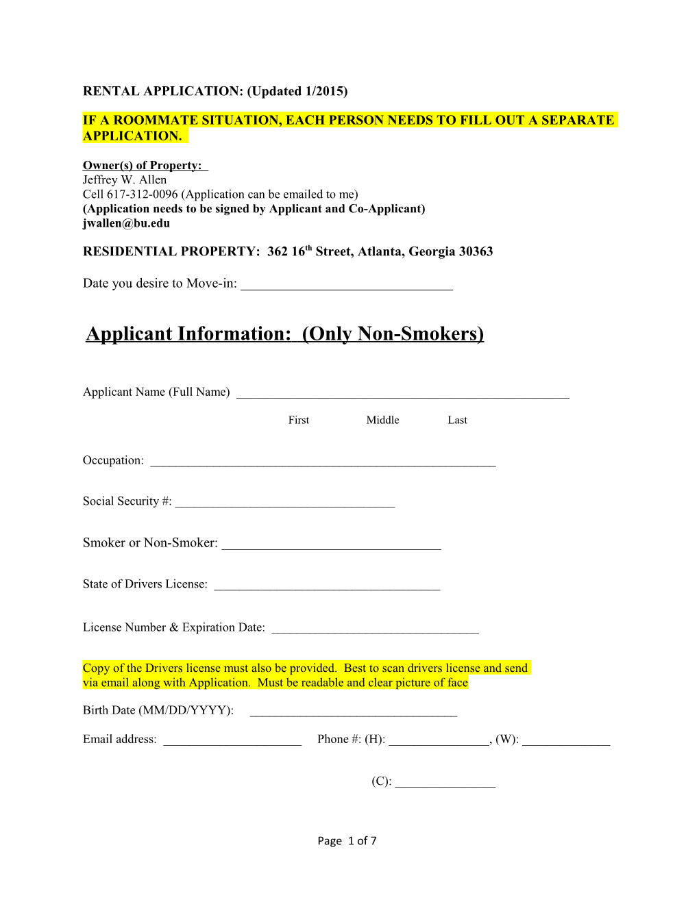 RENTAL APPLICATION: (Updated 1/2015)