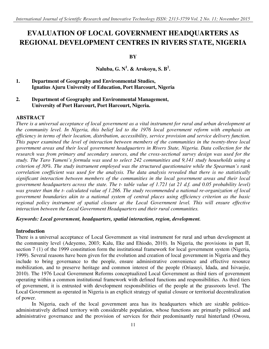 Evaluation of Local Government Headquarters As Regional Development Centres in Rivers State, Nigeria