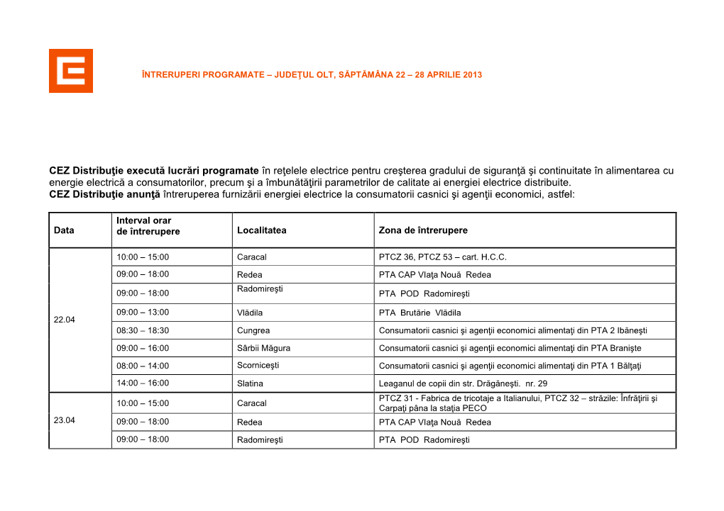 CEZ Distribuţie Execută Lucrări Programate În Reţelele Electrice