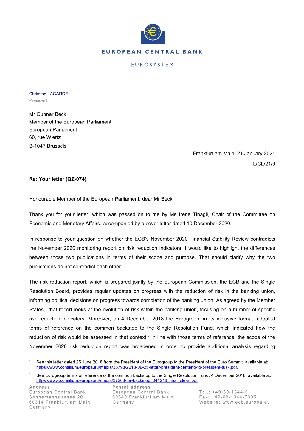 Letter from the ECB President to Mr Gunnar