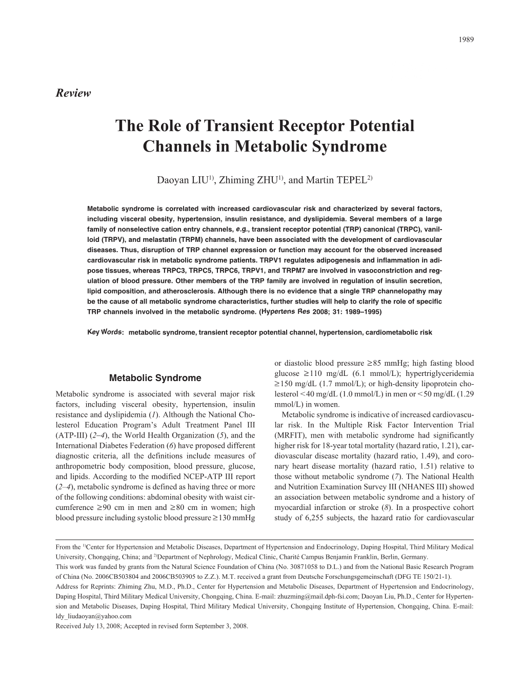 The Role of Transient Receptor Potential Channels in Metabolic Syndrome