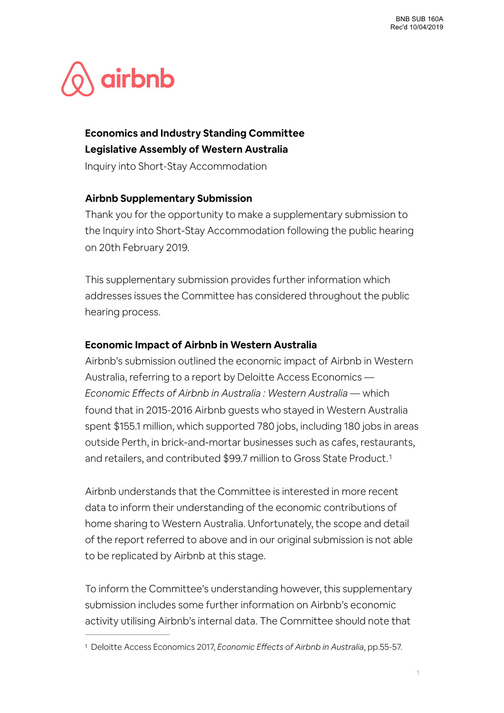 Airbnb Supplementary Submission | WA Economics and Industry Standing Committee