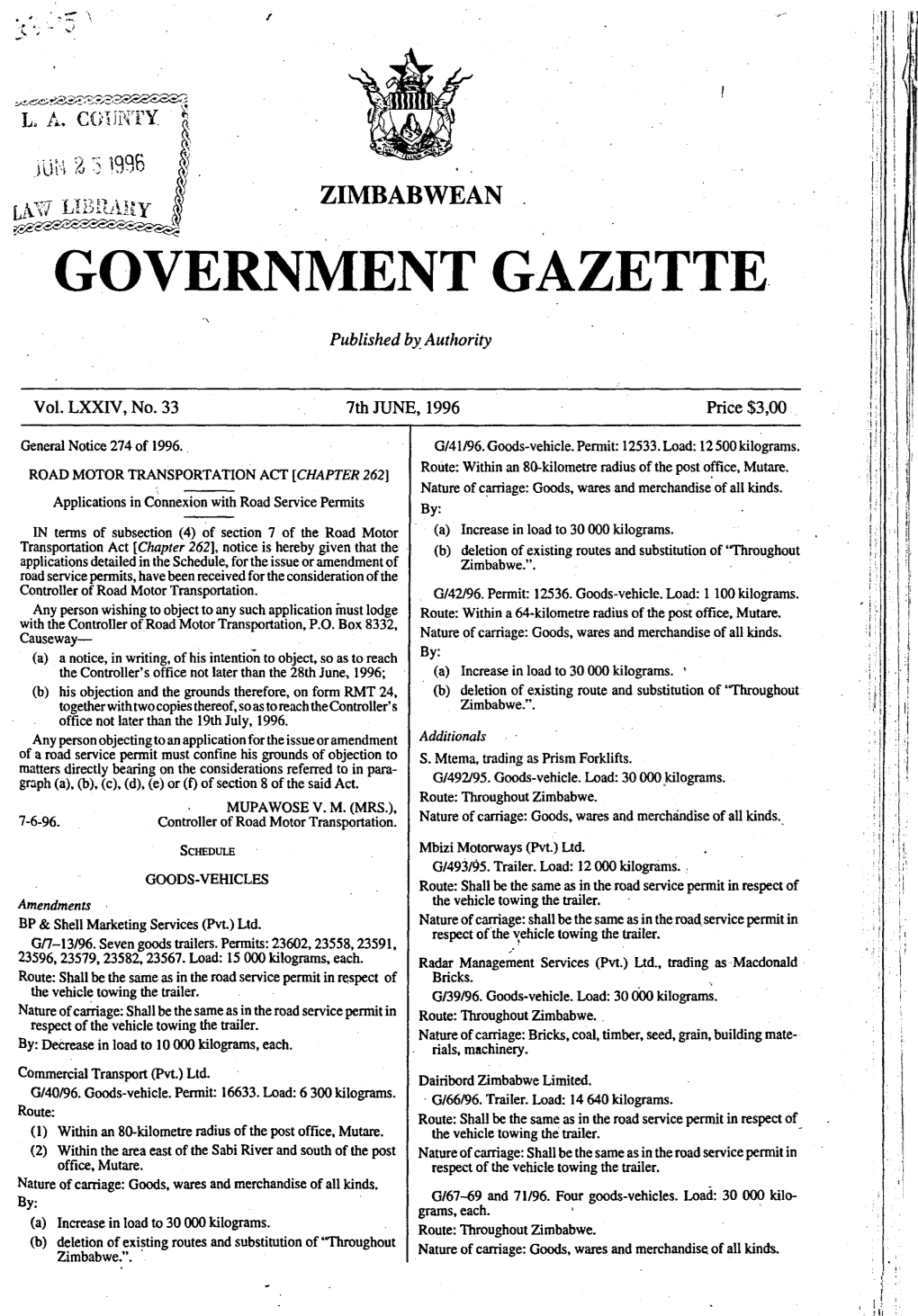 GOVERNMENT GAZETTE I J I Published by Authority