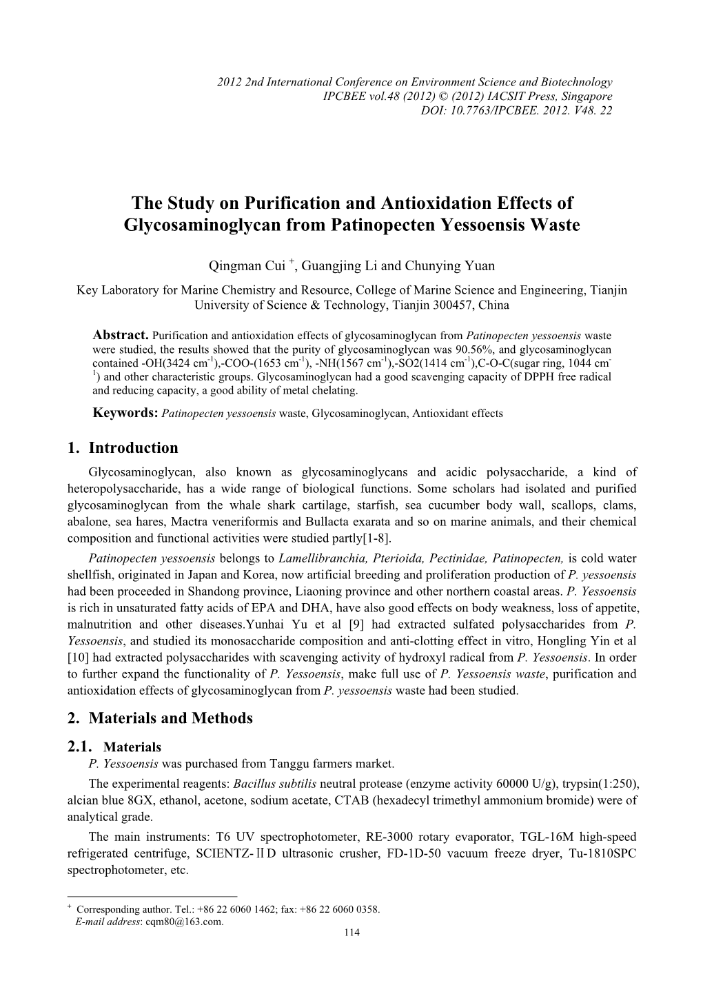 The Study on Purification and Antioxidation Effects of Glycosaminoglycan from Patinopecten Yessoensis Waste