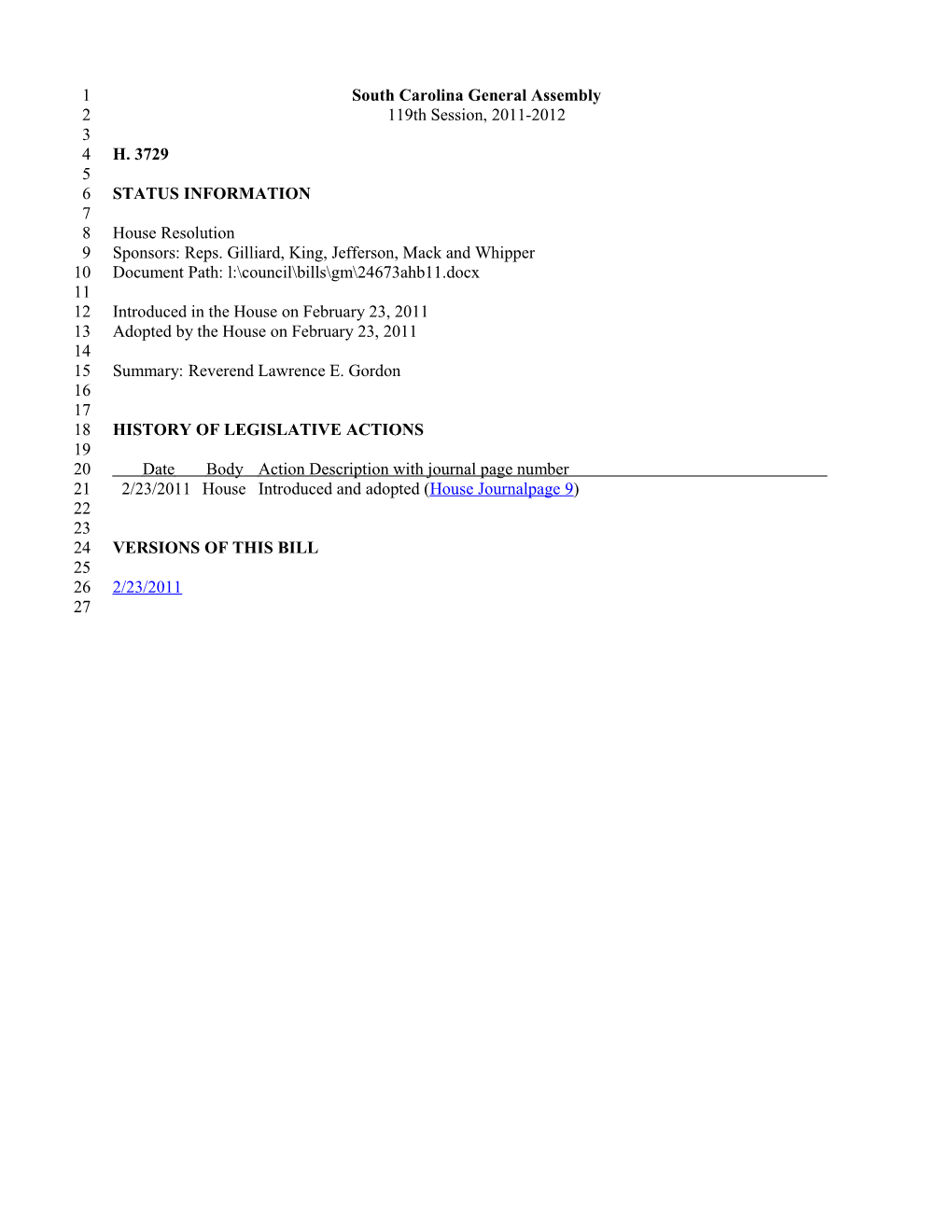 2011-2012 Bill 3729: Reverend Lawrence E. Gordon - South Carolina Legislature Online