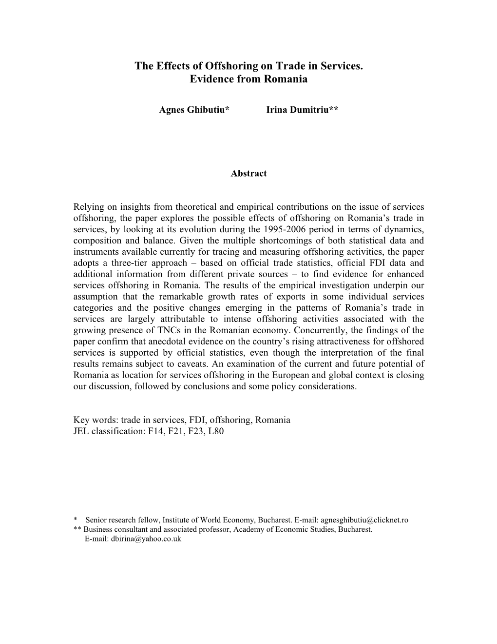 The Effects of Offshoring on Trade in Services. Evidence from Romania