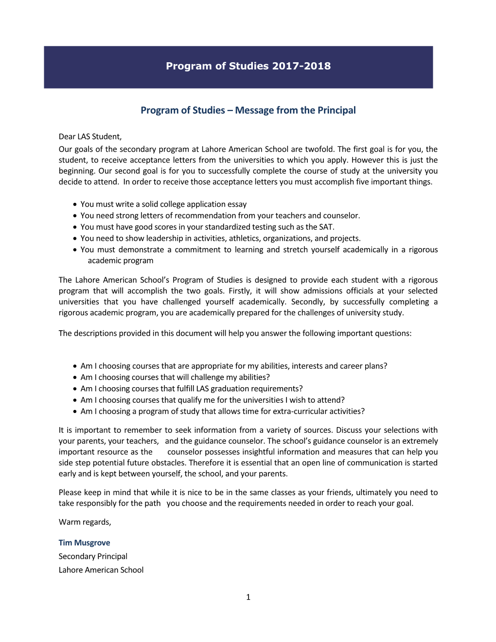 Program of Studies – Message from the Principal