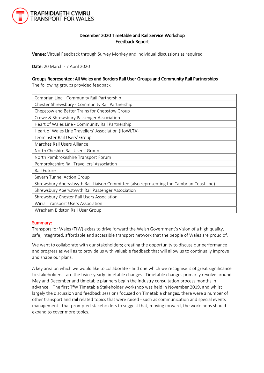 December 2020 Timetable and Rail Service Workshop Feedback Report