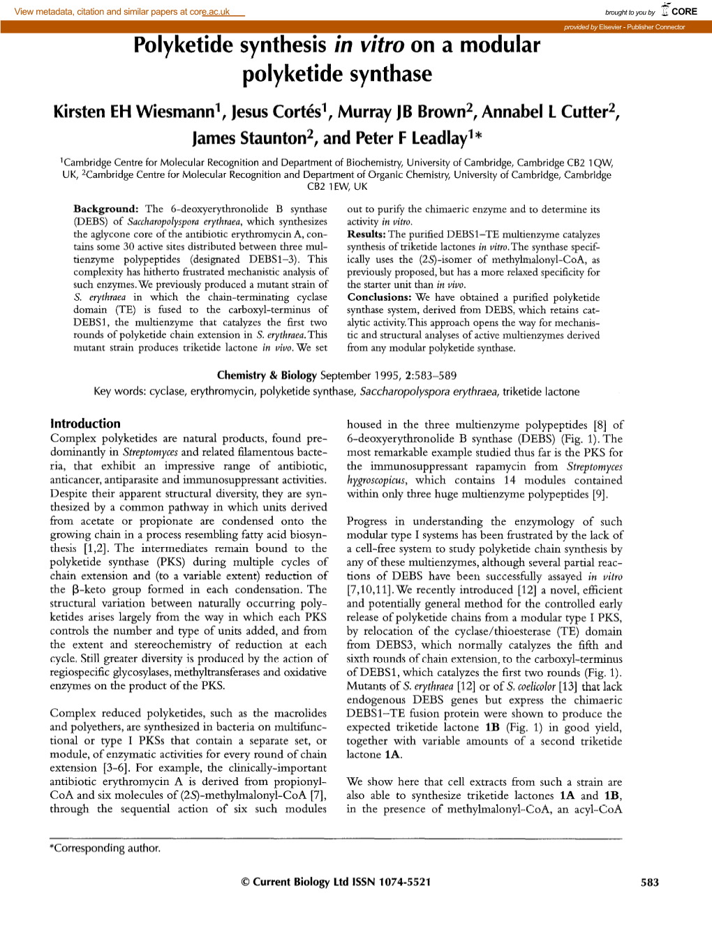 Polyketide Synthesis in Vitro on a Modular Polyketide Synthase