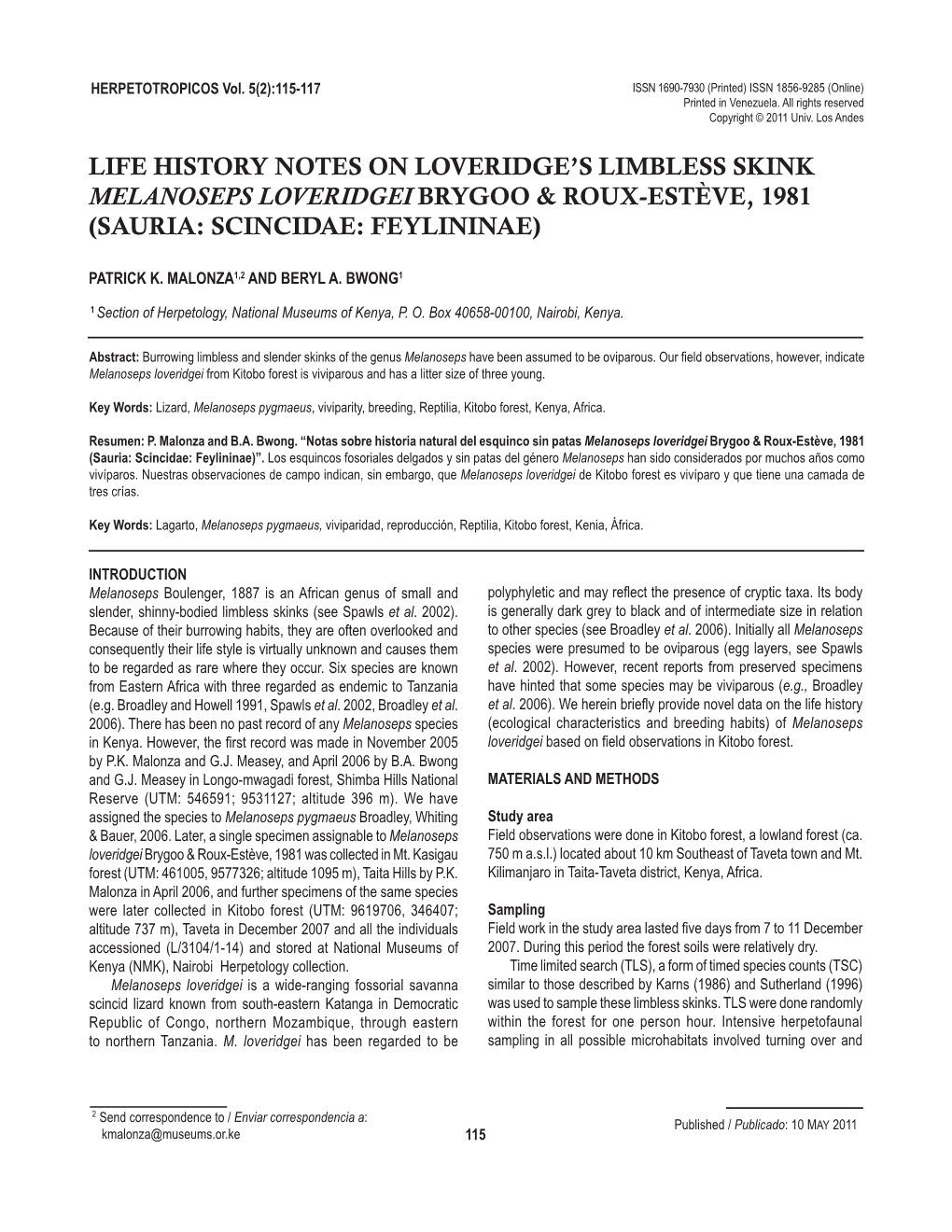 Life History Notes on Loveridge's Limbless Skink Melanoseps Loveridgei Brygoo & Roux-Estève, 1981 (Sauria: Scincidae