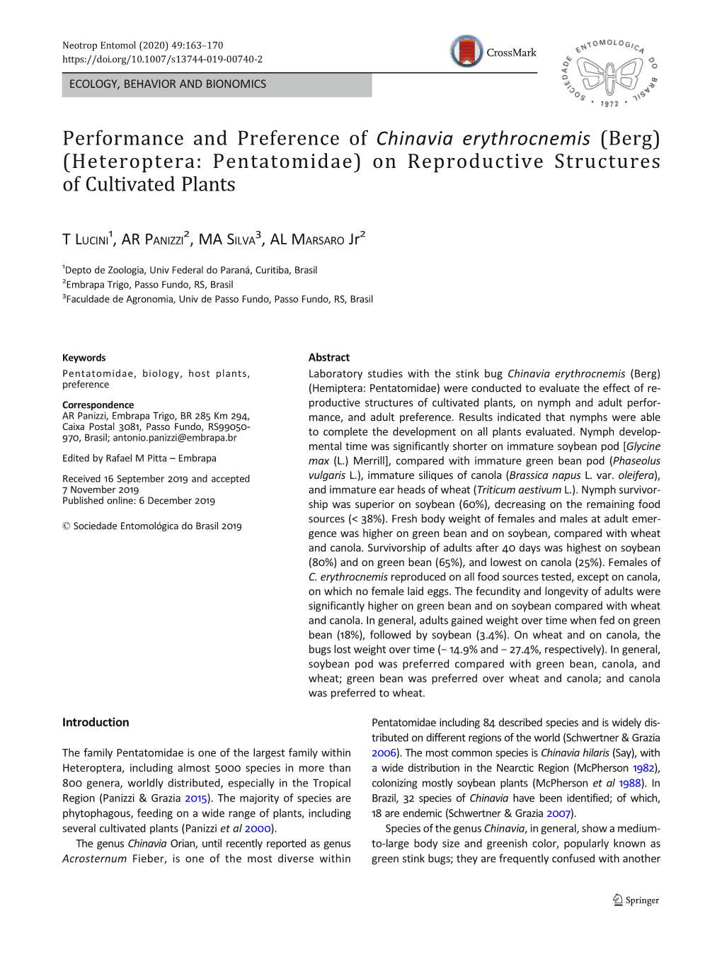 Performance and Preference of Chinavia Erythrocnemis (Berg) (Heteroptera: Pentatomidae) on Reproductive Structures of Cultivated Plants